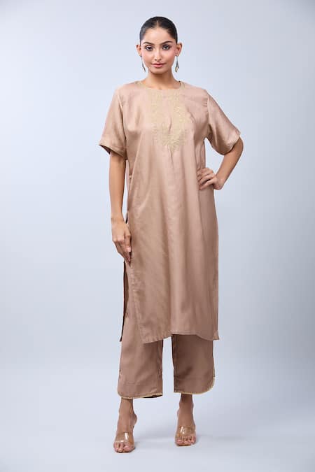 Naintara Bajaj_Brown Nylon Embroidery Round Neck Straight Kurta Set_at_Aza_Fashions