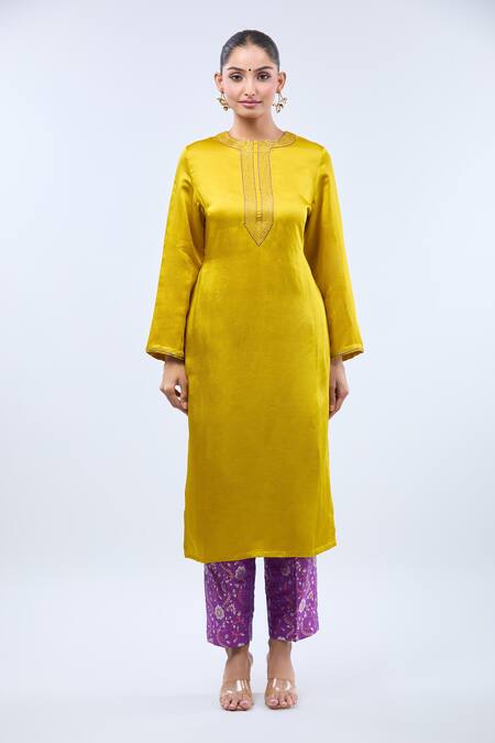 Buy_Samyukta Singhania_Yellow Linen, Brocade Embroidery Round Neck Straight Kurta Set _Online_at_Aza_Fashions
