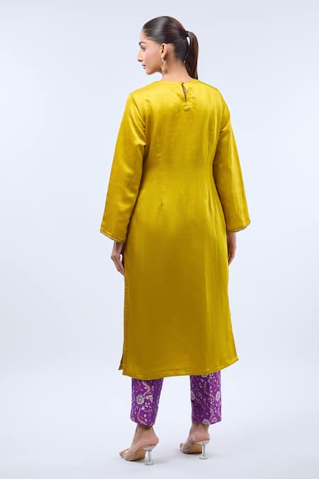 Shop_Samyukta Singhania_Yellow Linen, Brocade Embroidery Round Neck Straight Kurta Set _at_Aza_Fashions