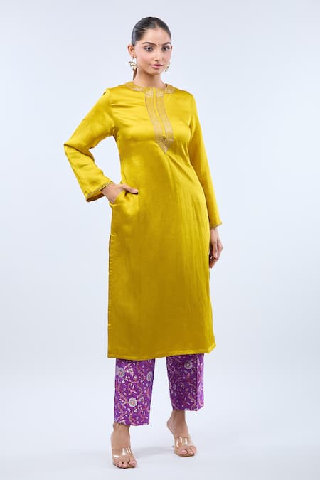 Shop_Samyukta Singhania_Yellow Linen, Brocade Embroidery Round Neck Straight Kurta Set _Online_at_Aza_Fashions
