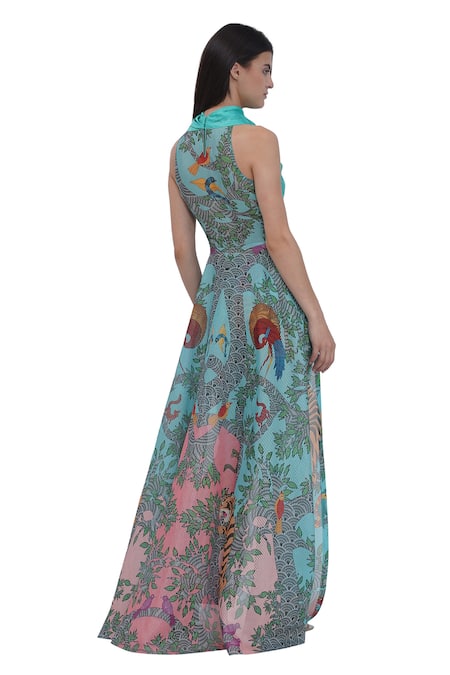 Shop_Limerick By Abirr N' Nanki_Blue Crepe, Organza Cowl Neck And Designer Tunic _at_Aza_Fashions