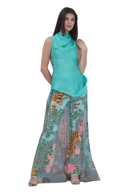 Buy_Limerick By Abirr N' Nanki_Blue Crepe, Organza Cowl Neck And Designer Tunic _Online_at_Aza_Fashions