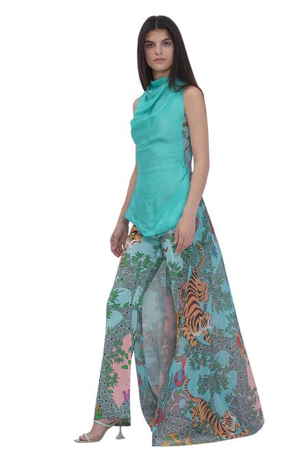 Shop_Limerick By Abirr N' Nanki_Blue Crepe, Organza Cowl Neck And Designer Tunic _Online_at_Aza_Fashions