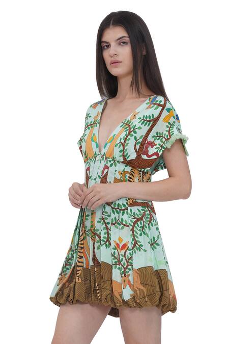 Limerick By Abirr N' Nanki_Multi Color Crepe V-neck Multicolor Printed Short Dress _Online_at_Aza_Fashions