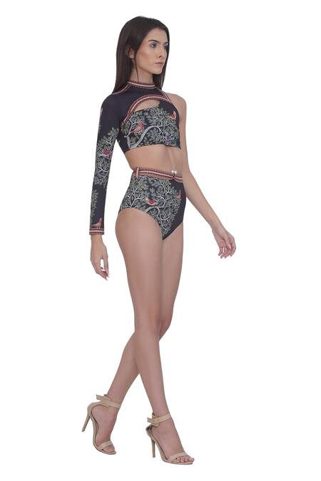 Shop Limerick By Abirr N' Nanki Black Polyester, Spandex Embroidery Halter Neck Designer Printed Bikini Set Online at Aza Fashions Shop_Limerick By Abirr N' Nanki_Black Polyester, Spandex Embroidery Halter Neck Designer Printed Bikini Set _Online_at_Aza_Fashions