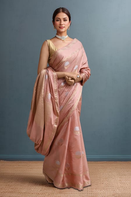 Shop_Samyukta Singhania_Pink Silk Banarasi Weaving Saree Set _Online_at_Aza_Fashions
