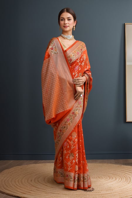 Buy_Samyukta Singhania_Orange Silk Banarasi Saree With Blouse _Online_at_Aza_Fashions