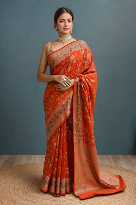 Shop_Samyukta Singhania_Orange Silk Banarasi Saree With Blouse _Online_at_Aza_Fashions