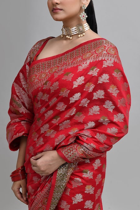 Shop_Samyukta Singhania_Red Silk Zari Banarasi Saree With Running Blouse _Online_at_Aza_Fashions