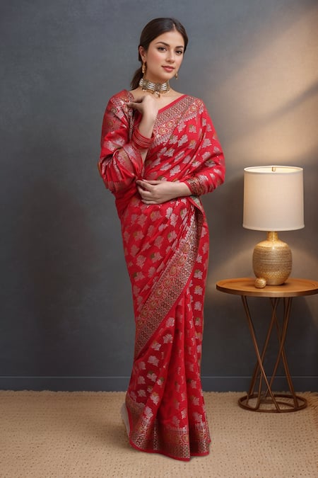 Buy_Samyukta Singhania_Red Silk Zari Banarasi Saree With Running Blouse 