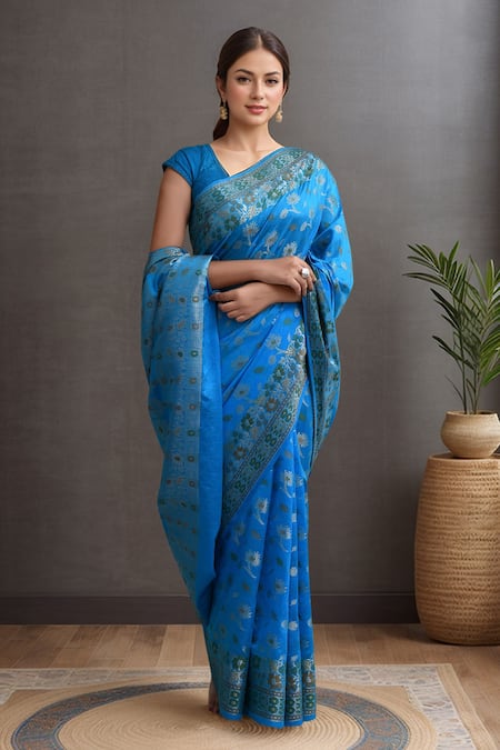 Samyukta Singhania_Sky Blue Silk Embroidery Banarasi Saree Set _Online_at_Aza_Fashions