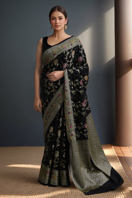 Buy_Samyukta Singhania_Black Silk Embroidery Banarasi Weaved Saree With Blouse _Online_at_Aza_Fashions