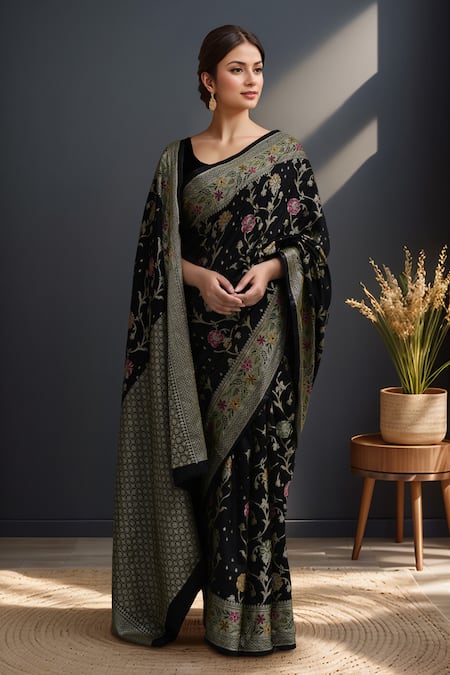 Shop_Samyukta Singhania_Black Silk Embroidery Banarasi Weaved Saree With Blouse _Online_at_Aza_Fashions