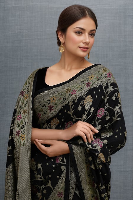 Samyukta Singhania_Black Silk Embroidery Banarasi Weaved Saree With Blouse _at_Aza_Fashions