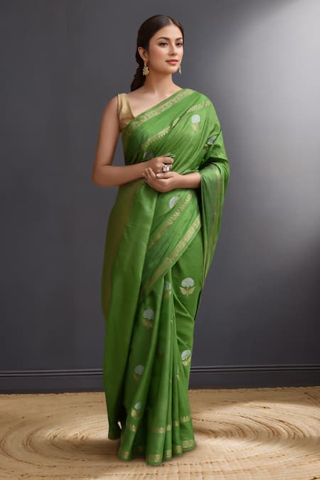 Shop_Samyukta Singhania_Green Silk Banarasi Saree With Blouse _Online_at_Aza_Fashions