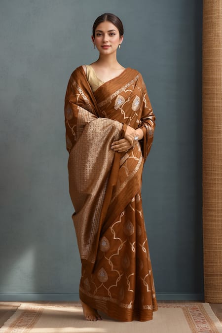Buy_Samyukta Singhania_Brown Silk Banarasi Saree With Blouse _Online_at_Aza_Fashions
