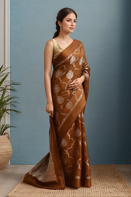 Shop_Samyukta Singhania_Brown Silk Banarasi Saree With Blouse _Online_at_Aza_Fashions