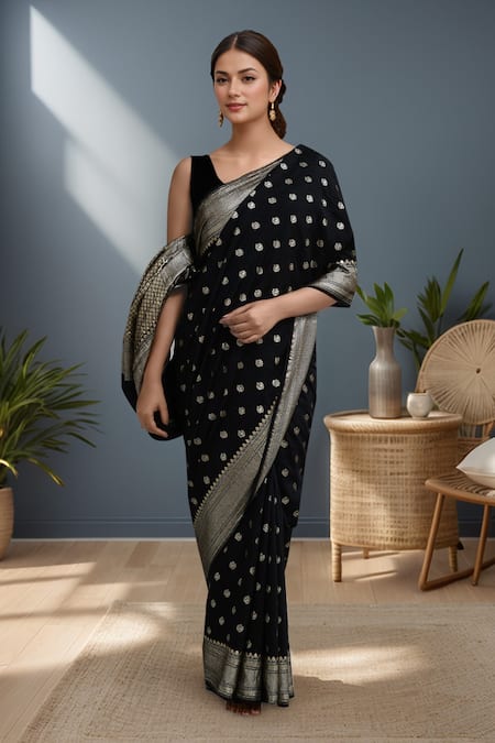 Shop_Samyukta Singhania_Black Silk Zari Banarasi Weaving Saree Set _Online_at_Aza_Fashions