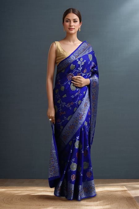 Buy_Samyukta Singhania_Blue Silk Banarasi Weaving Saree Set_Online_at_Aza_Fashions