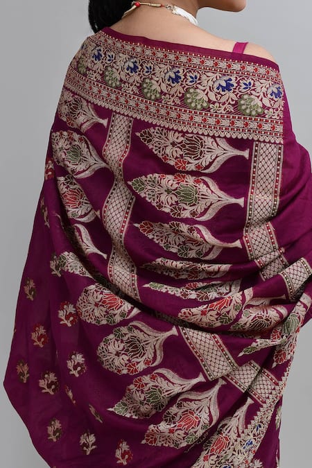 Buy_Samyukta Singhania_Purple Silk Embroidery Weaved Banarasi Saree With Blouse _Online_at_Aza_Fashions