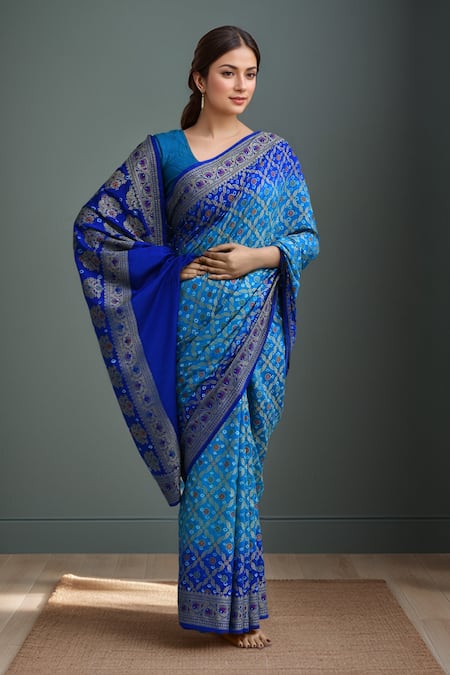 Buy_Samyukta Singhania_Blue Silk Banarasi Weaving Bandhej Saree Set _Online_at_Aza_Fashions