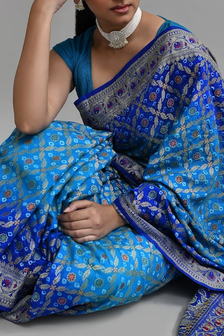 Shop_Samyukta Singhania_Blue Silk Banarasi Weaving Bandhej Saree Set _Online_at_Aza_Fashions