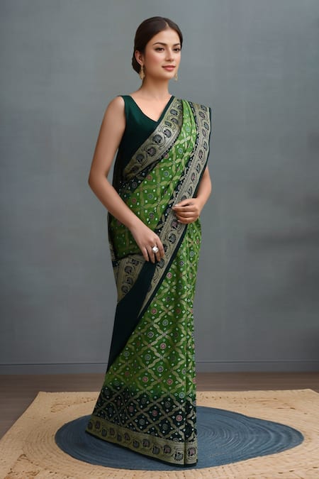 Shop_Samyukta Singhania_Green Silk Weaving Bandhej Saree With Blouse _Online_at_Aza_Fashions