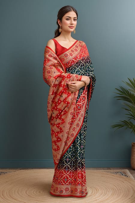 Buy_Samyukta Singhania_Green Silk Bandhej Weaving Saree With Blouse _Online_at_Aza_Fashions