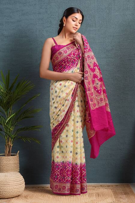 Buy_Samyukta Singhania_Cream Silk Bandhej Weaving Saree With Blouse _Online_at_Aza_Fashions