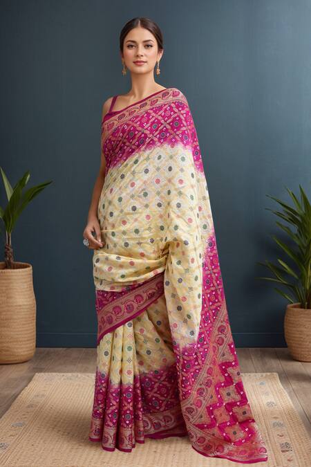 Samyukta Singhania_Cream Silk Bandhej Weaving Saree With Blouse _at_Aza_Fashions
