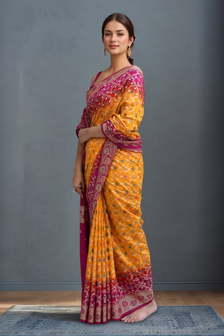 Shop Samyukta Singhania Yellow Silk Banarasi Saree With Blouse Online at Aza Fashions Shop_Samyukta Singhania_Yellow Silk Banarasi Saree With Blouse _Online_at_Aza_Fashions