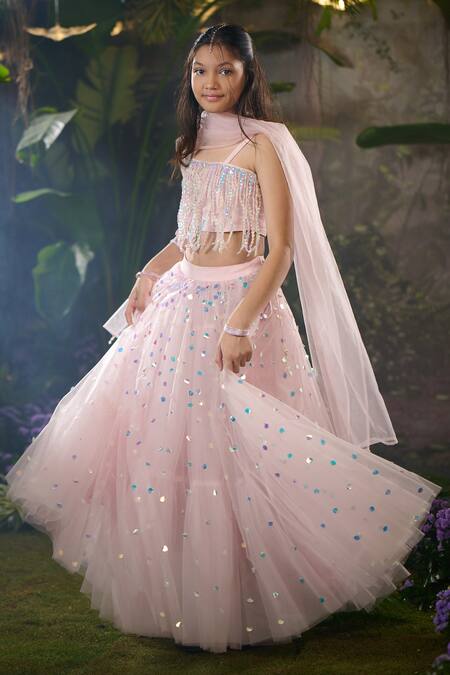 Panchhi By Kanupriya Tibrewala Pink Tulle, Silk Organza Sequins, Beads Stardust Lehenga Set Online at Aza Fashions Panchhi By Kanupriya Tibrewala_Pink Tulle, Silk Organza Sequins, Beads Stardust Lehenga Set_Online_at_Aza_Fashions