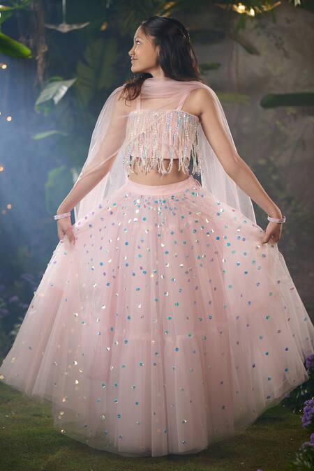 Shop Panchhi By Kanupriya Tibrewala Pink Tulle, Silk Organza Sequins, Beads Stardust Lehenga Set at Aza Fashions Shop_Panchhi By Kanupriya Tibrewala_Pink Tulle, Silk Organza Sequins, Beads Stardust Lehenga Set_at_Aza_Fashions