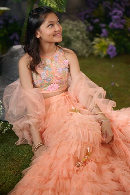 Panchhi By Kanupriya Tibrewala_Peach Silk Organza, Tulle Embroidery Dawn Lehenga Set_Online_at_Aza_Fashions