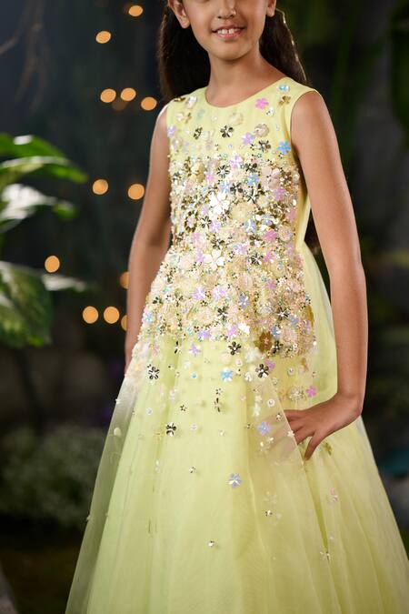 Panchhi By Kanupriya Tibrewala Green Tulle Sequins, Embroidery Embellished Enchanted Midi Dress Online at Aza Fashions Panchhi By Kanupriya Tibrewala_Green Tulle Sequins, Embroidery Embellished Enchanted Midi Dress_Online_at_Aza_Fashions