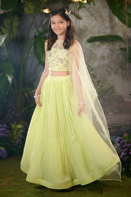 Panchhi By Kanupriya Tibrewala_Green Georgette, Silk Organza, Tulle Embroidery Garden Whispers Lehenga Set_Online_at_Aza_Fashions