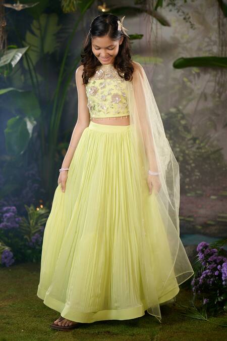 Buy_Panchhi By Kanupriya Tibrewala_Green Georgette, Silk Organza, Tulle Embroidery Garden Whispers Lehenga Set_Online_at_Aza_Fashions