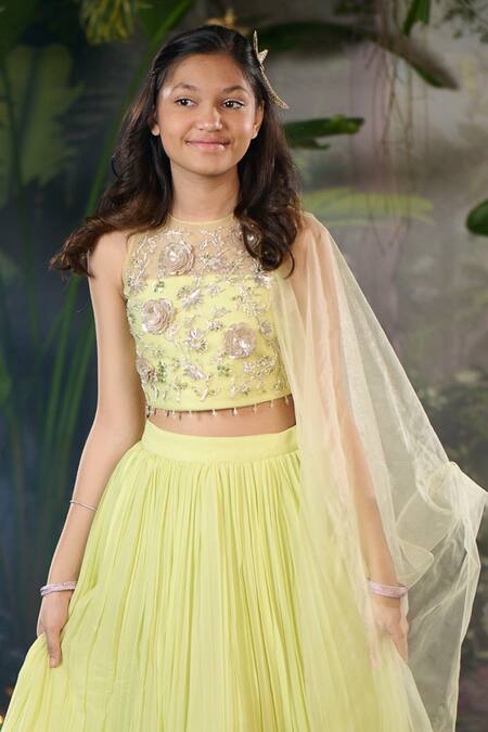 Shop_Panchhi By Kanupriya Tibrewala_Green Georgette, Silk Organza, Tulle Embroidery Garden Whispers Lehenga Set_Online_at_Aza_Fashions