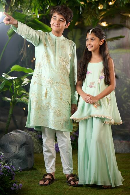 Panchhi By Kanupriya Tibrewala_Green Georgette, Tulle Embroidery Mint Designer Tunic And Sharara Set_Online_at_Aza_Fashions