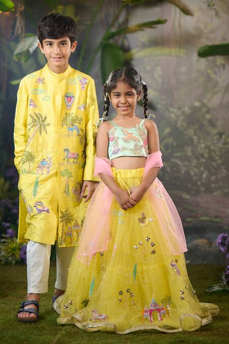 Panchhi By Kanupriya Tibrewala_Yellow Tulle, Satin Sequins, Embroidery Aqua Blouse And Lehenga Set_Online_at_Aza_Fashions
