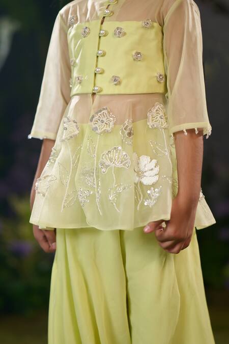 Panchhi By Kanupriya Tibrewala Green Tulle, Georgette Embroidery Summer Peplum Top And Palazzo Set Online at Aza Fashions Panchhi By Kanupriya Tibrewala_Green Tulle, Georgette Embroidery Summer Peplum Top And Palazzo Set_Online_at_Aza_Fashions