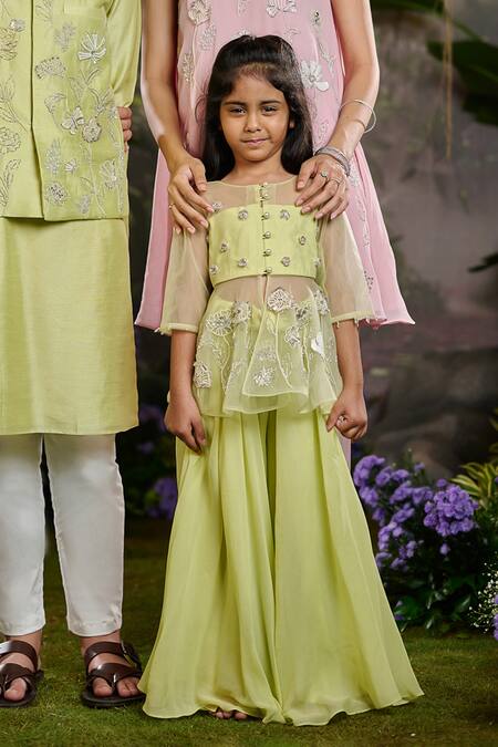 Buy Panchhi By Kanupriya Tibrewala Green Tulle, Georgette Embroidery Summer Peplum Top And Palazzo Set Online at Aza Fashions Buy_Panchhi By Kanupriya Tibrewala_Green Tulle, Georgette Embroidery Summer Peplum Top And Palazzo Set_Online_at_Aza_Fashions