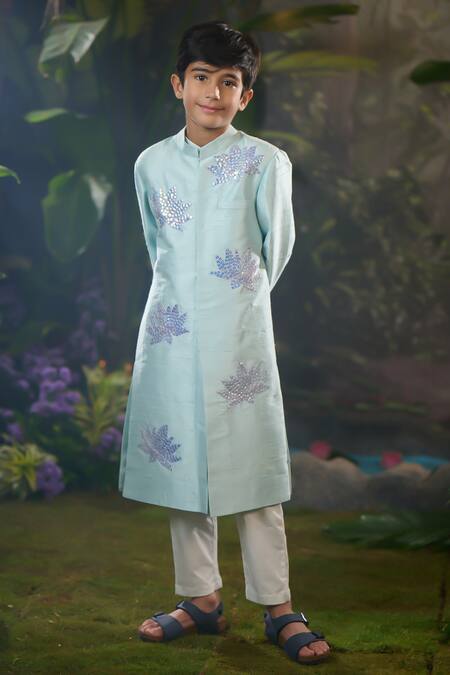 Panchhi By Kanupriya Tibrewala_Sky Blue Silk, Cotton Satin Embroidery Designer Sherwani Set_Online_at_Aza_Fashions