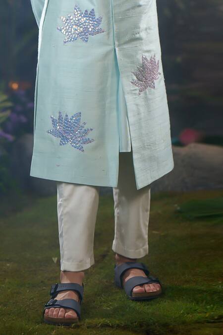 Buy_Panchhi By Kanupriya Tibrewala_Sky Blue Silk, Cotton Satin Embroidery Designer Sherwani Set_Online_at_Aza_Fashions