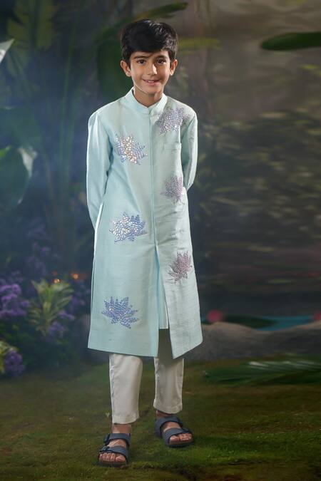Shop_Panchhi By Kanupriya Tibrewala_Sky Blue Silk, Cotton Satin Embroidery Designer Sherwani Set_Online_at_Aza_Fashions