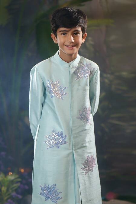 Panchhi By Kanupriya Tibrewala_Sky Blue Silk, Cotton Satin Embroidery Designer Sherwani Set_at_Aza_Fashions