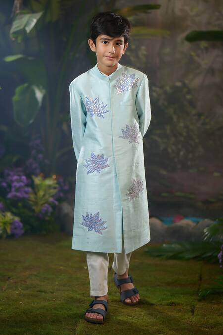 Buy_Panchhi By Kanupriya Tibrewala_Sky Blue Silk, Cotton Satin Embroidery Designer Sherwani Set