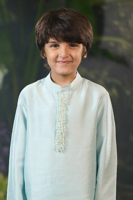 Buy_Panchhi By Kanupriya Tibrewala_Sky Blue Silk, Cotton Satin Embroidery Dewdrops Kurta Set_Online_at_Aza_Fashions