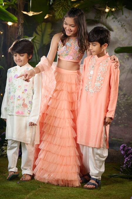 Panchhi By Kanupriya Tibrewala_Peach Silk, Cotton Satin Embroidery Designer Kurta Set_Online_at_Aza_Fashions