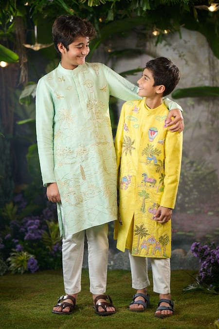 Buy_Panchhi By Kanupriya Tibrewala_Yellow Silk, Cotton Satin Embroidery Sherwani Set_Online_at_Aza_Fashions